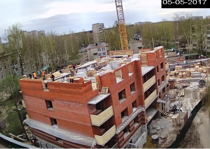 05.05.2017: Завершение устройства внешних стен 4-го этажа в осях 1-10 Б-К